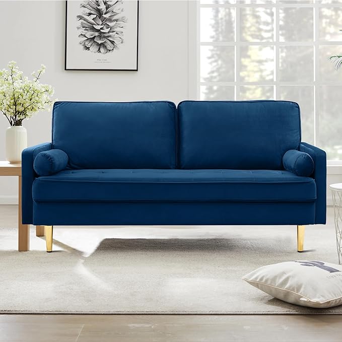 67 Modern Velvet Loveseat Sofa Couch Mid-Century Tufted Upholstered Small Love Seat Couch with 2 Pillows &amp 4 Golden Legs 2-Seats Couches for Compact Space Living Room Apartment (Navy)
