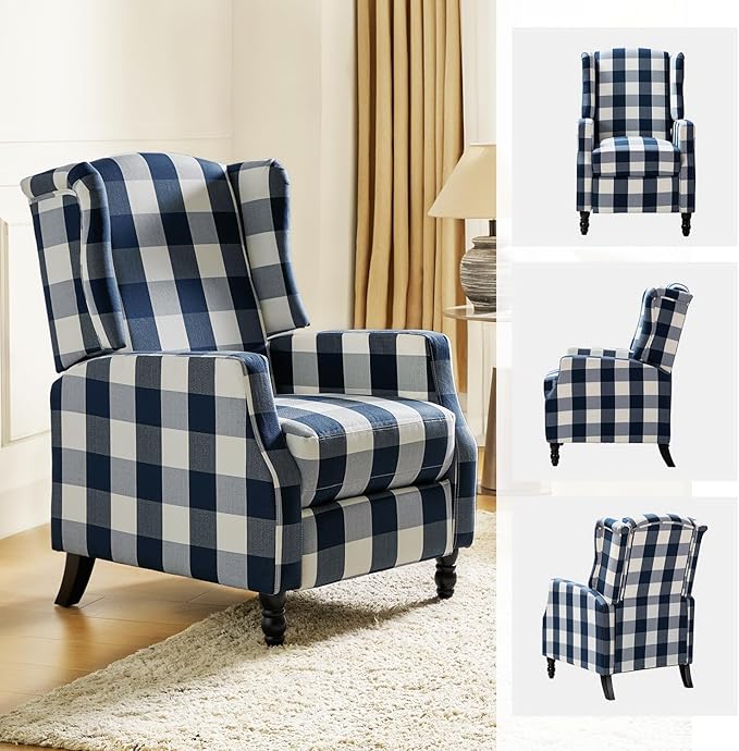 HULALA HOME Wingback Recliner Chairs Set of 2 Traditional Push Back Recliners with Solid Wood Legs Modern Lounge Armchairs for Living Room Comfy Upholstered Accent Reclining Chairs Buffalo Navy