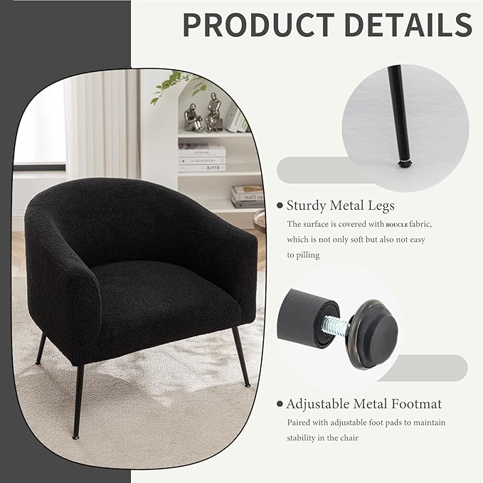 Modern Sherpa Boucle Accent Chair Upholstered Comfortable Armchair with Thicken Cushion Black Metal LegsComfy Reading Chairs for Living Room Bedroom Office(Black)