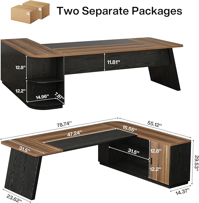 Tribesigns 79-Inch Executive Desk Large Office Desk with Cabinet L-Shaped Compter Desk with Storage Shelves Writing Table for Home Office Brown and Black