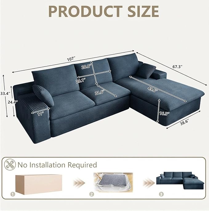107 Cloud Couch Modular Sectional Couchs with Chaise Lounge L-Shape Boneless Couches for Living Room Corduroy Sofa with Deep Seat No Assembly Required (Blue Right Facing Chaise)