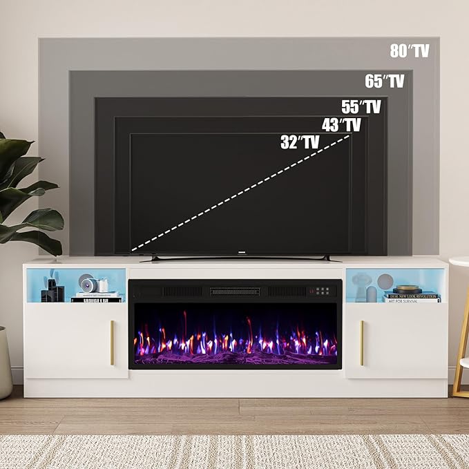 VITESSE Fireplace with TV Stand 36 inch Electric Fireplace Up to 80 TVs LED Light Entertainment Center 70 Modern Wood High Gloss with Highlight Storage Cabinet for Living Room (White)