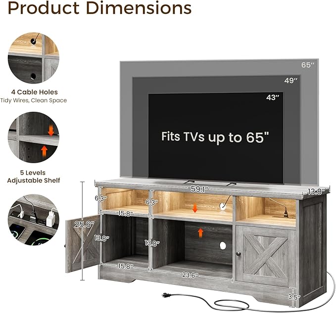 Casaottima TV Stand for 65 Inch TV Farmhouse Entertainment Center with Power Outlet &amp LED Light and Storage Cabinets Console Table and Media Furniture for Living Room Bedroom Gray Oak