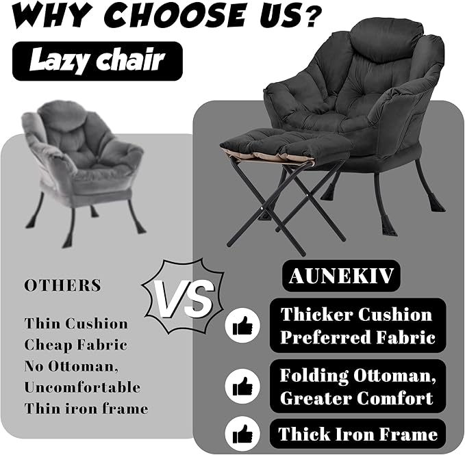Lazy Chair with Ottoman Comfy Accent Lounge Chair with Side Pocket Modern Reading Armchair with Footrest Upholstered Sofa Chair for Small Spaces Bedroom Living Room Dorm Black