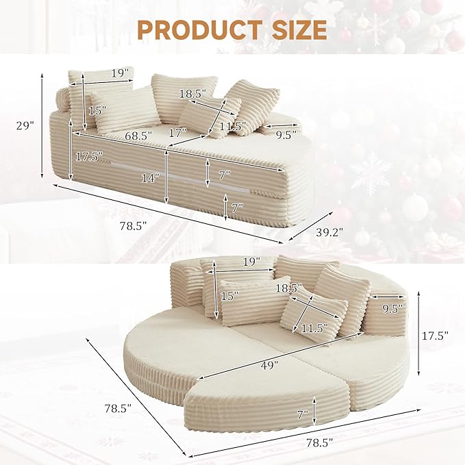 Curved Convertible Futon Sleeper Sofa Bed 78.5 Boneless Couch with Pull-Out Bed Corduroy Semi-Circular Foldable Floor Mattress for Living Room No Assembly Required Left Curved Beige