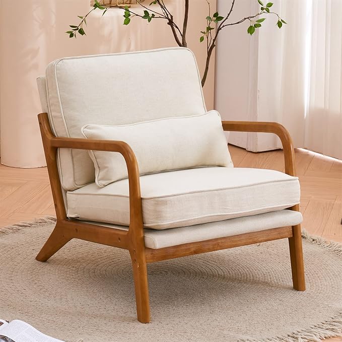 i-POOK Accent Chair Mid-Century Linen Fabric Upholstered Armchair with Pillow and Back Cushion Comfy Single Sofa Chair with Solid Wood Legs Reading Chair for Living Room Bedroom Office Off-White