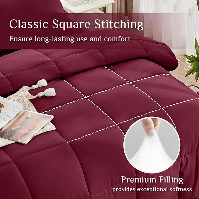 JOLLYVOGUE California King Comforter Set Ultra-Soft Bed in a Bag Cal King Size 7 Pieces Oeko-TEX Certified Bedding Set with Down Alternative Comforter Sheets Pillowcases &amp Shams Burgundy