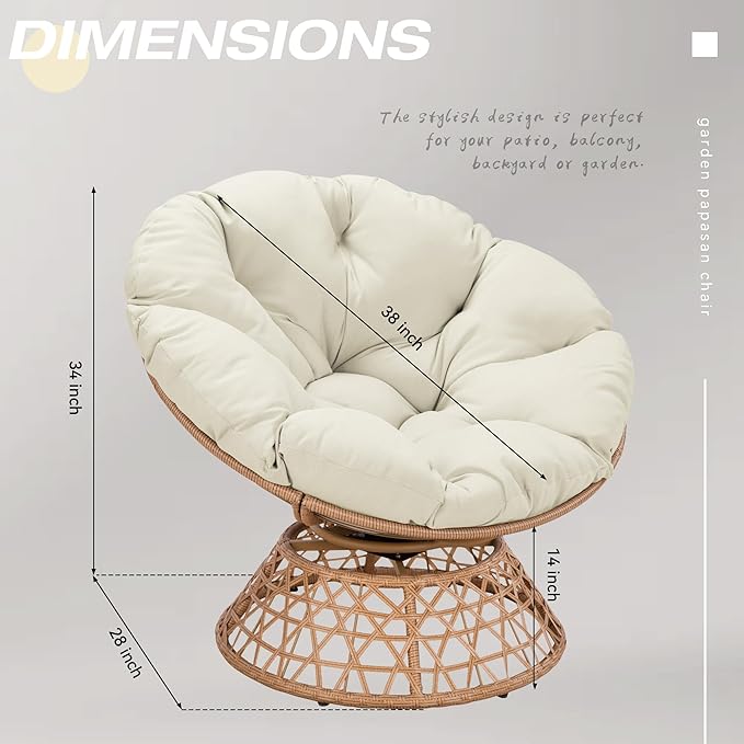 38'' 360 Degree Swivel Wicker Papasan Chair with Cushion and Base - Thickened Rattan Swivel Papasan Chair with Soft Cushion and Durable Frame Oversized Reading Chair for Living Room Beige