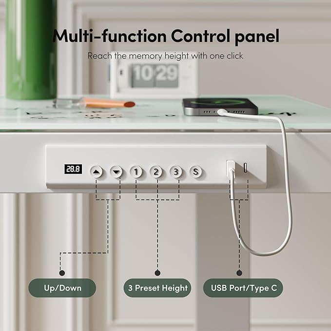 FEZIBO 48 × 24 Electric Standing Desk with Drawers Whole-Piece Glass Height Adjustable Desk with One-Piece Tabletop and USB Charging Ports One-Piece Quick Install Adjustable Sit Stand Desk White