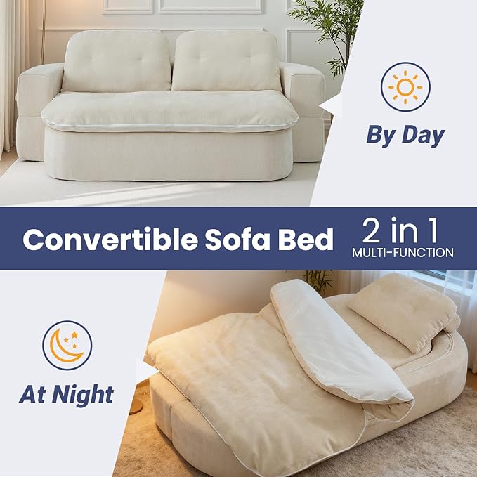 78.74 Convertible Sofa Bed Folding Loveseat Sleeper Sofa 2 in 1 Chenille Floor Couch Bed Foam Compressed Sofa with Pillows &amp Blanket for Living Room Apartment Studio Office (Beige)