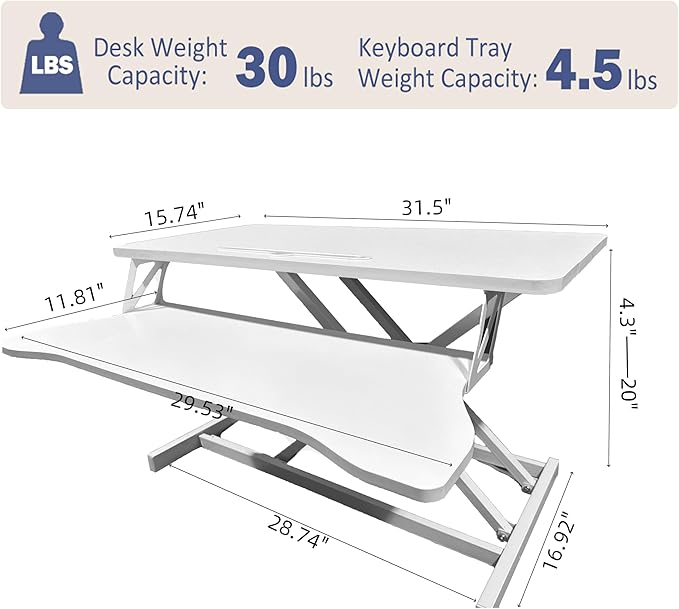 32 Inch Height Adjustable Stand Up Desk Riser Heavy Duty Computer Workstation with Removable Keyboard Tray - Ergonomic Design for Home Office Workshop Gaming Spacious Platform(White)