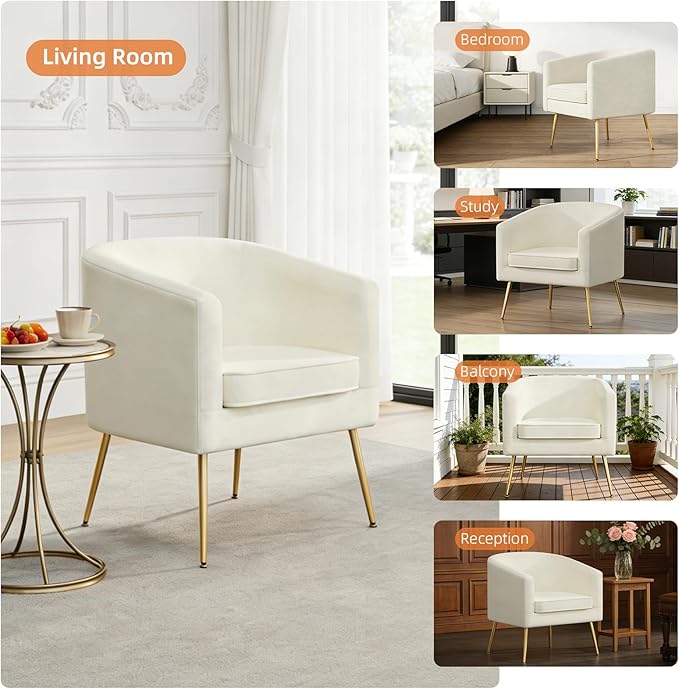Velvet Barrel Chair Modern Accent Chair Set of 2 with Metal Sturdy Legs Club Chair Comfy Armchair Modern Tub Chair for for Living Room Bedroom Waiting Room White