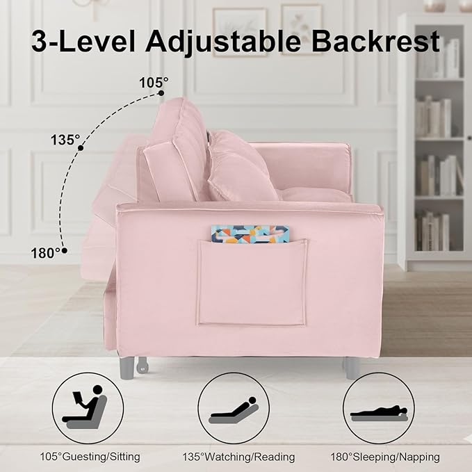 3 in 1 Convertible Sofa Bed Pull Out Couch with Adjustable Backrest Velvet Sleeper Sofa Loveseat with Pillows and Side Pockets for Living Room Bedroom Apartment Pink