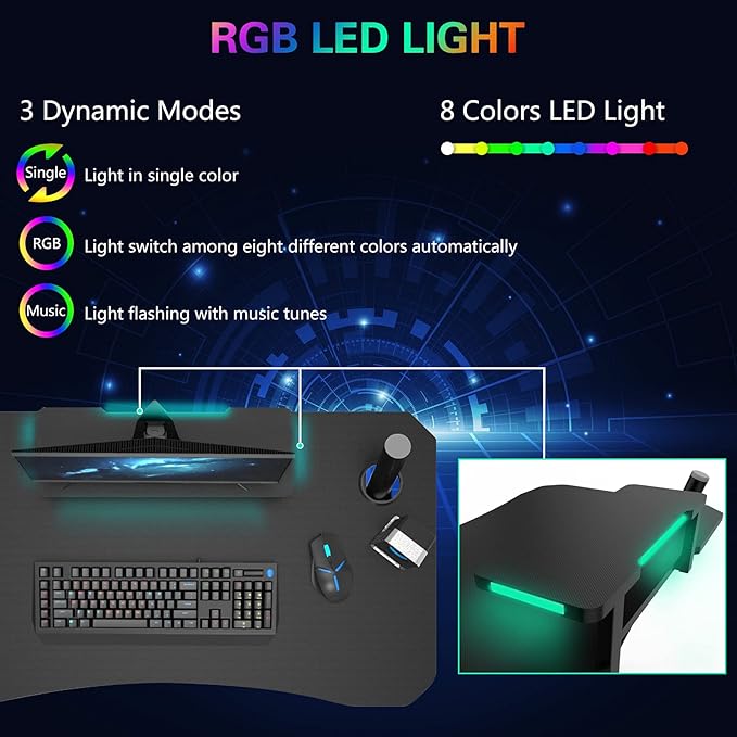 Modern-Depo Computer Gaming Desk with LED Lights Monitor Stand Shelf 41 Inch Adjustable PC Table Workstation Black