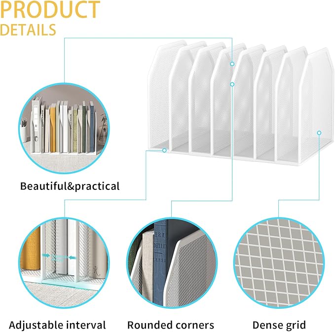 Metal 7 Section File Folder Organizer for Desk | Vertical Office File Holder | Heavy-Duty Mesh Document Sorter for Books Binders Laptops | Desk Organizer7 Sections White