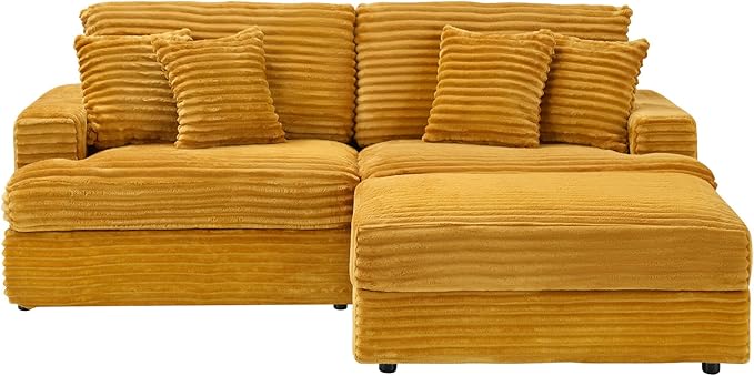 82 Inches Corduroy Square Arms Loveseat Sofa with One Storage Ottoman Comfy Deep Seat Modular Sectional Futon Couch with 4 Throw Pillows for Living Room Bedroom Office (Orange)