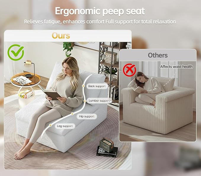 Single Cloud Sofa Chairs Boneless Cloud Chair Foam Couch Comfy Accent Bean Bag Chair for Reading Living Room Bedroom Apartment Office (White 1 Seater)