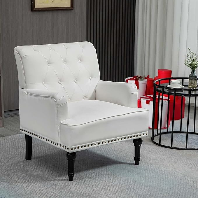 MOJAY Modern PU Leather Accent Chair Set of 2 Mid-Century Living Room Lounge Club Chair with Rivet Trim Single Sofa Reading Arm Chair for Bedroom Home Office Study Lounges(White)