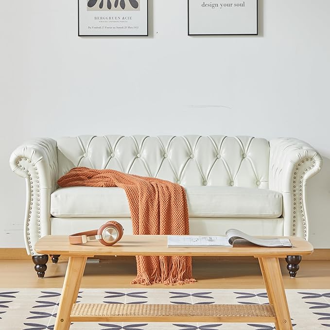 LEVNARY Leather Sofa Chesterfield Tufted Upholstered 2 Seater Couch Modern Loveseat Couch Classic Furniture for Living Room Bedroom (Cream White)