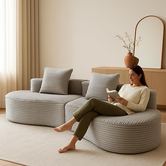 110 Modern Curved Sectional Sofa Compressed Sofa with Half Moon Design and 2 Pillows No Assembly Require Couch with Tufted Cushions Corduroy Sofa for Living Room (Smoke Grey)
