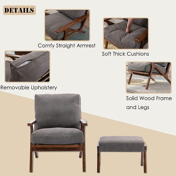 chairus Mid-Century Modern Accent Chair with Ottoman Comfy Upholstered Lounge Armchair with Removable Cushions &amp Solid Wood Frame Reading Chair for Living Room Bedroom Office Grey Denim Fabric