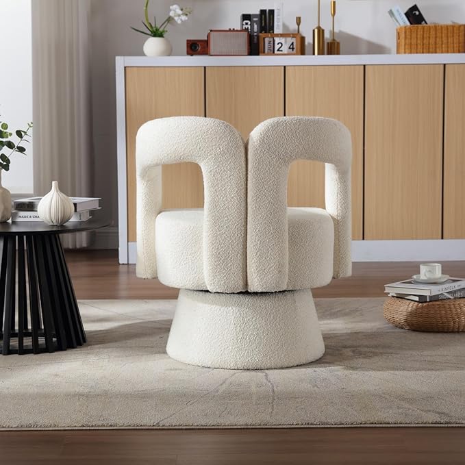 360 Degree Swivel Cuddle Barrel Accent Chairs Round Armchairs with Wide Upholstered Fluffy Fabric Chair for Living Room Bedroom Office Waiting Rooms (Beige)