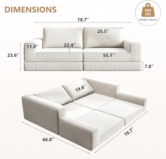 78loveseat Sofa Convertible Sofa Bed Modular Sectional Sofa Modern Deep Seat Folding Sofa for Living Room Bedroom No Assembly Required Corduroy Fabric Flexible Configurations(White 2-SEATER)