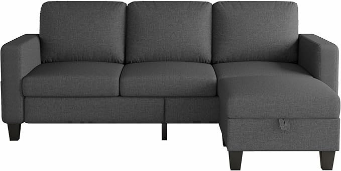 Sectional Sofa and Couches for Living Room - 78'' Dark Grey 3 Seat L-Shaped Couch with Storage Ottoman Modern Linen Convertible Sectionals Sofas for Apartment Office Small Space
