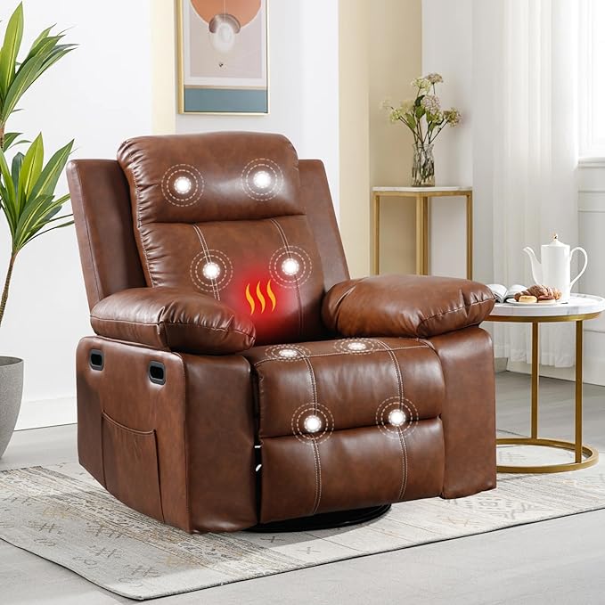 Massage Recliner Chair for Adults 360 Swivel &amp Rocker with Heat &amp Vibration Brown PU Leather Glider Reclining Chair for Home Theater Living Room Lounge Nursery