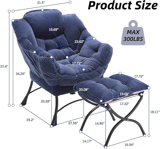 Modern Lazy Chair with Ergonomic Ottoman Comfortable Lounge Chair with Footrest for Space Saving Comfy Reading Armchair for Living Room Bedroom Office Navy