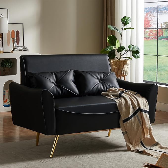 Brelice 48 Faux Leather Loveseat Sofa Modern Small Couch for Small Space with 2 Pillows 2 Seater Couch for Living Room Bedroom Office Apartment (Black)