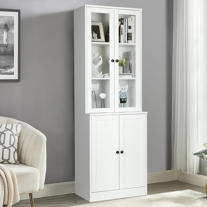 VOWNER Vertical File Cabinet 3-Tier Modern Bookshelf with 3 Large Drawer Wood Filing Cabinet with Open Storage Shelf Glass Doors and Adjustable Shelves for Home Office White (B)