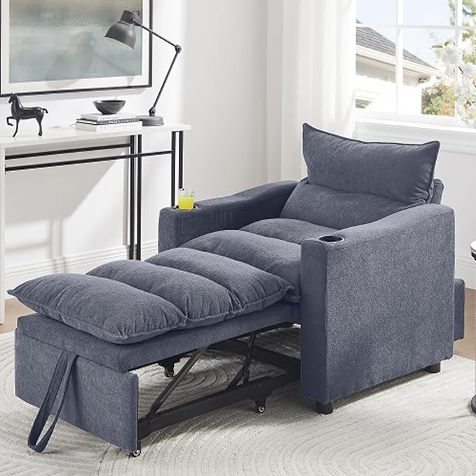 Sleeper Chair 3 in 1 Convertible Pull Out Chair Sleeper with Bracket and Cup Holder Chairs Bed Sleepers for Adults Adjustable Sofa Bed Chairs for Living Room Small Spaces Grey