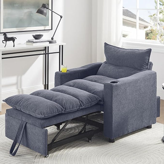 Sleeper Chair 3 in 1 Convertible Pull Out Chair Sleeper with Bracket and Cup Holder Chairs Bed Sleepers for Adults Adjustable Sofa Bed Chairs for Living Room Small Spaces Grey
