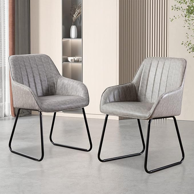 Vanity Art Mid Century Modern Accent Chair with Arms Upholstered Synthetic Faux Leather Chair for Living Room Bedroom Reading Area Comfy Dining Chairs Set of 2 (Grey) UC-15G