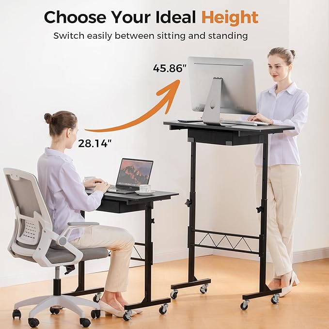 GTPLAYER Small Mobile Standing Desk 32In Wide Adjustable Height Stand Up Desk for Home Office Portable Sit Stand Rolling Computer Desk with Wheels Storage Drawer and Slot Carbon Fiber Style Black