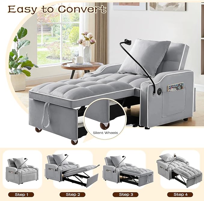 KINFFICT Sleeper Sofa Chair Bed Convertible 3-in-1 Armchair Adjustable Sleeper Chair with Pullout Bed Single Lounger Futon with Side Pockets for Living Room (Grey)