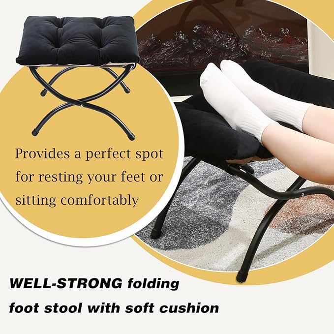 15 Foldable Foot Stool Ottoman with Metal Frame - Washable Black Upholstered Indoor/Outdoor Footrest for Living Room Bedroom Patio - Space-Saving Compact Design