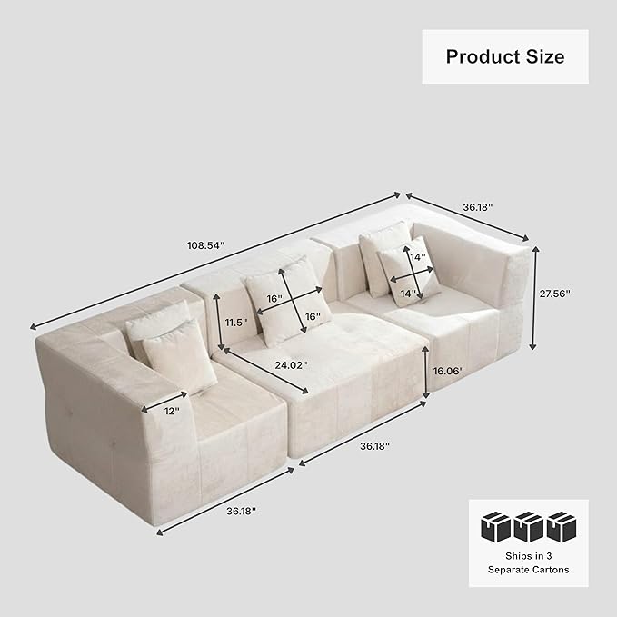 · REDEARTH · 3-Seater Modular Velvet Sectional Sofa No-Assembly Compressed Couch in a Box with Ottoman Firm Support Boneless Modular System in Plush Velvet for Living Room (3-Seater) Cream