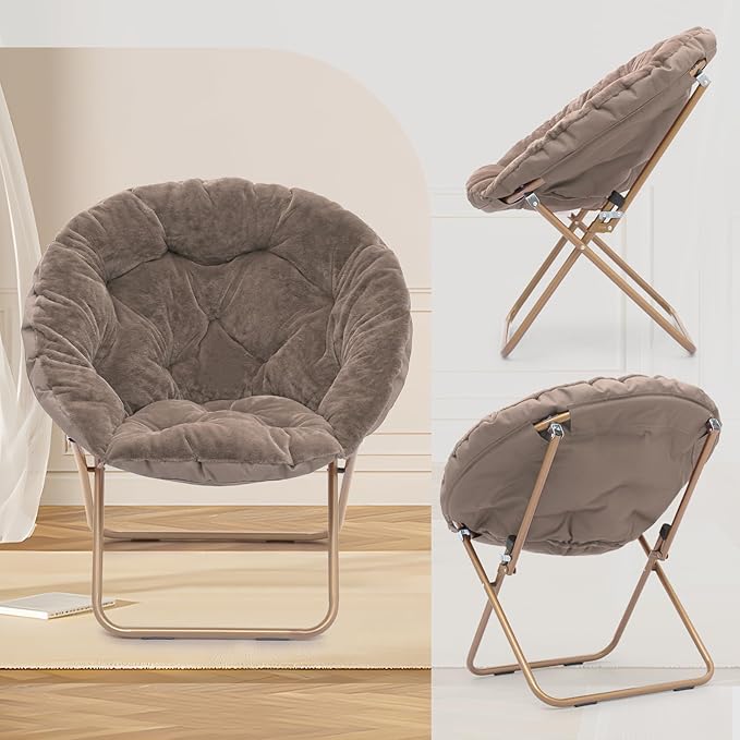 Athena Collection Round Saucer Chair with Ottoman Set for Adults Oversize Comfy Cozy Faux Fur Folding Reading Chair with Metal Leg Lazy Relaxing for Living Room Bedroom Dorm Apartment Beige