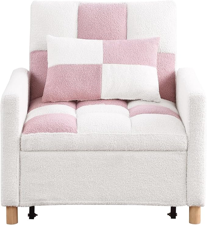 Convertible Sleeper Chair 3-in-1 Sleeper Chair Pull-Out Futon Bed for Small Space Soft Teddy Fabric Sturdy Metal Frame Pink