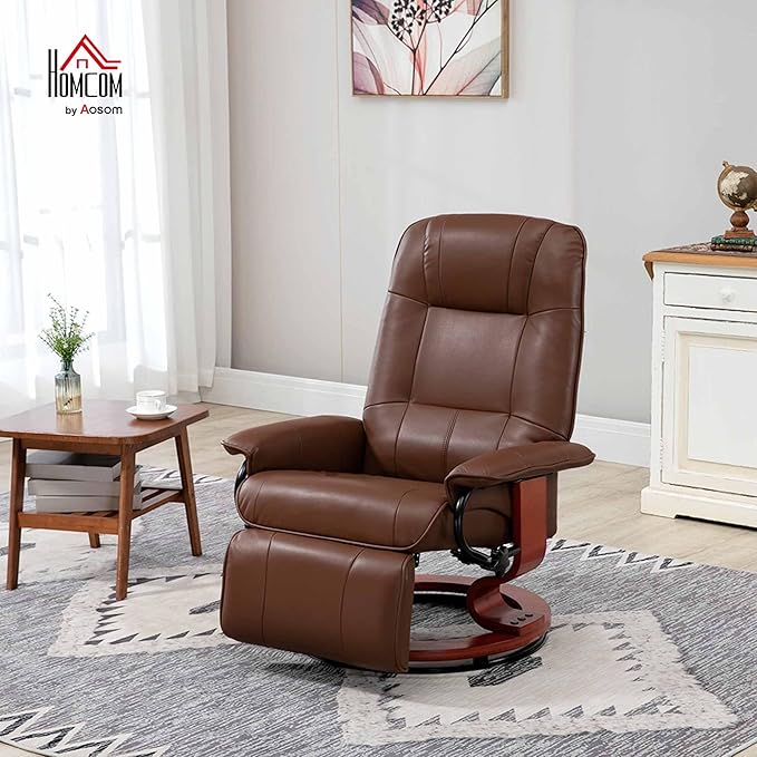 HOMCOM Faux Leather Manual Recliner Adjustable Swivel Lounge Chair with Footrest Armrest and Wrapped Wood Base for Living Room Brown