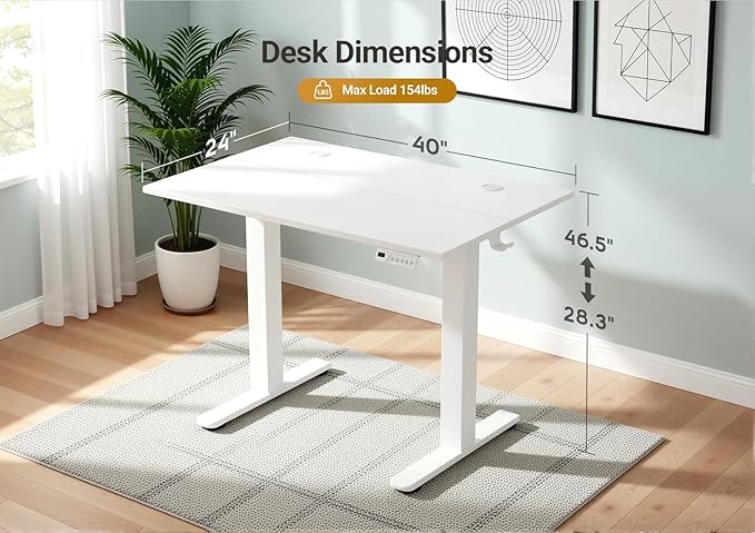 Seang Electric Height Adjustable Standing Desk 40 x 24 Inch Sit-Stand Workstation with T-Style Frame 3 Memory Height Options &amp Built-in Cable Management for Home Office White Frame/White Top
