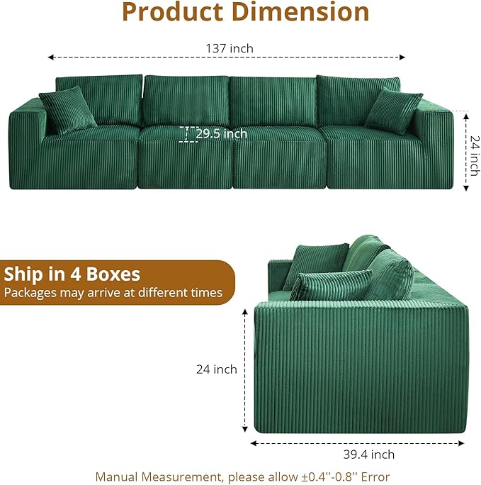 Sectional Cloud Boneless Couch 137 Modern Comfy Linear Straight No Assembly Required Convertible Compression Sleeper Modular Sofa with Corduroy Fabric 4 Deep Seat Single for Living Room