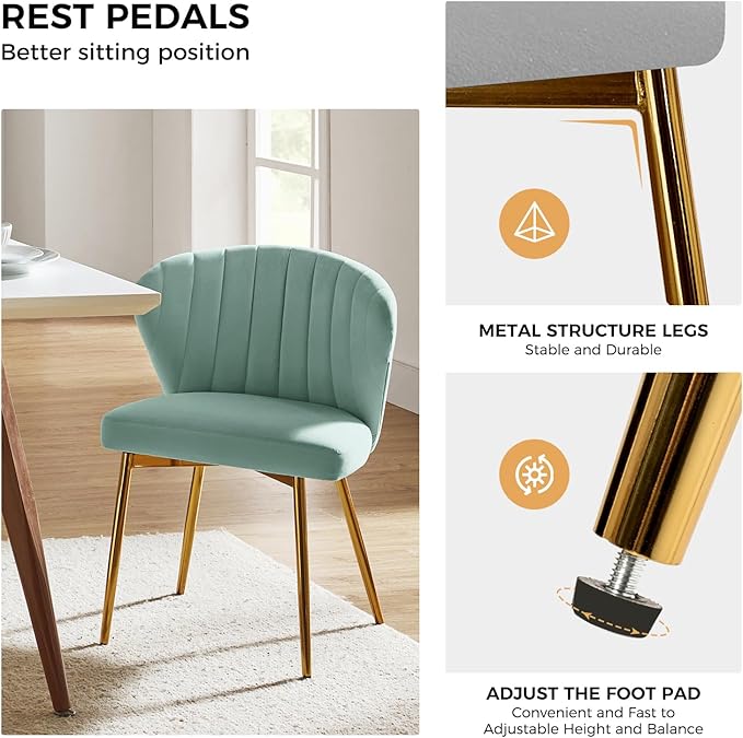 HULALA HOME Velvet Dining Chairs Modern Small Armless Accent Chair with Gold Metal Legs Living Room Upholstered Cute Side Chair Elegant Tufted Back Vanity Chair for Bedroom/Beauty Room-SAGE