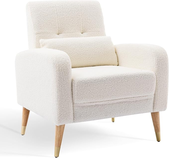 Dolonm Mid-Century Modern Accent Chair Upholstered Armchair Living Room Chair Comfy Single Sofa Chair with Sturdy Legs for Living Room Bedroom White
