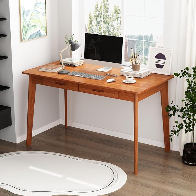FUFU&ampGAGA 47” Office Desk Rectangular Computer Desk with 2 Drawers Writing Table for Reading Crafting Home Office Study Room Brown Walnut 47.2”W x 21.7”D x 29.5”H