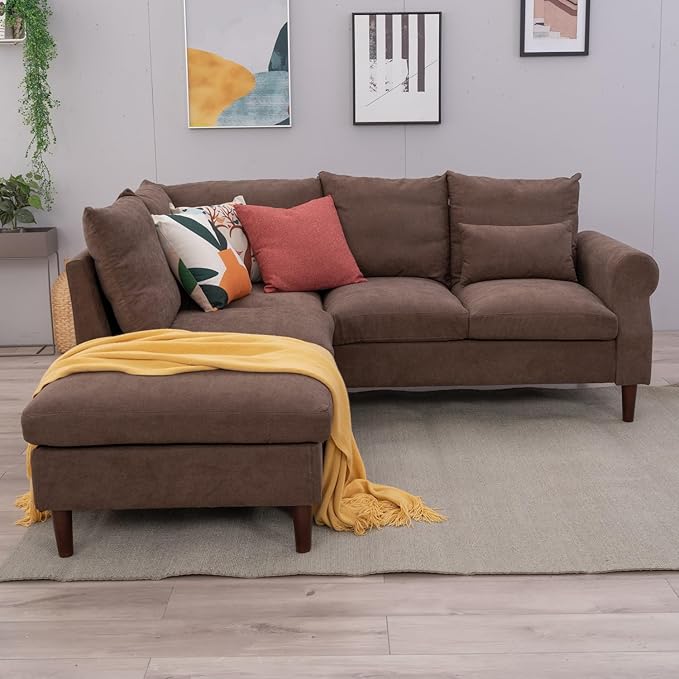Panana Upholstered Sofa Couch Linen Fabric/Artificial Leather L Shaped Corner Sectional Modern Living Room Sofa (Brown Linen 5 seat Left Corner with Built-in USB Port)