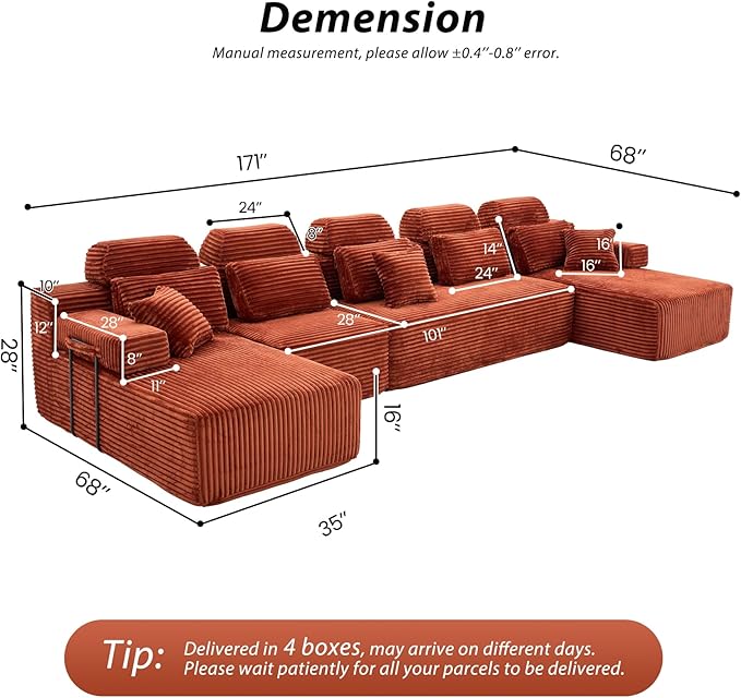 171″ Cloud Modular Sectional Sofa U Shaped Boneless Couch with Reversible Chaise Sectional Couches for Living Room Corduroy Oversized Couch in a Box No Assembly Required Orange