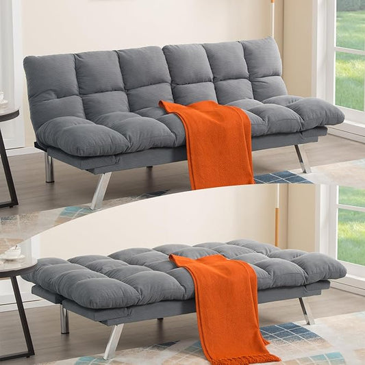 Modern Light Gray Corduroy Convertible Folding Futon Couch Sofa Bed Adjustable Pillow Top Arm Memory Foam Couch Double Loveseat Sofa for Compact Living Space Apartment Bedroom (67.3 Light Gray)